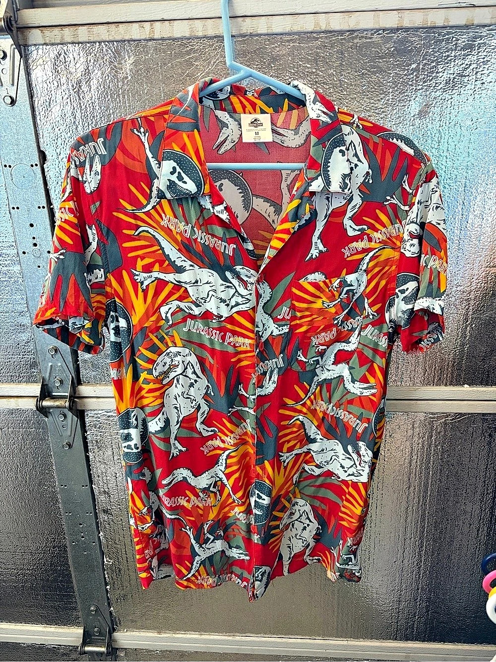 Jurassic Park Red Dinosaur Allover Print Rayon Camp Shirt Medium